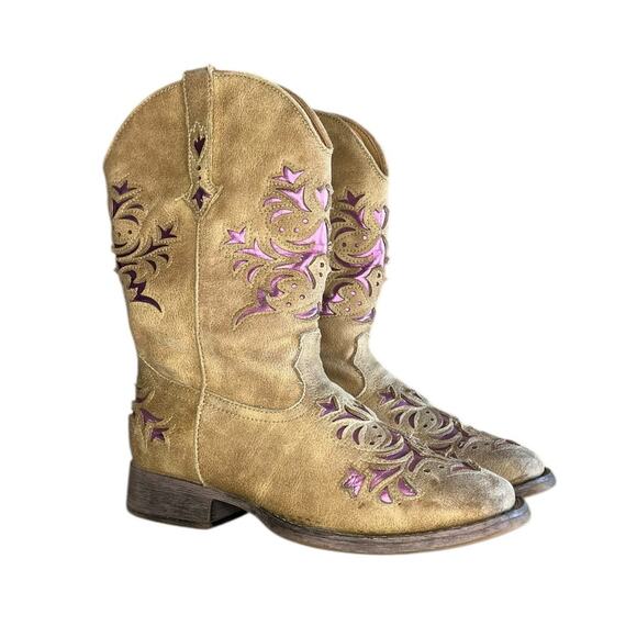 Roper Toddler Girls Lola Inlay Square Toe Casual Boots Mid Calf Size 5 Gray Pink - Picture 3 of 6